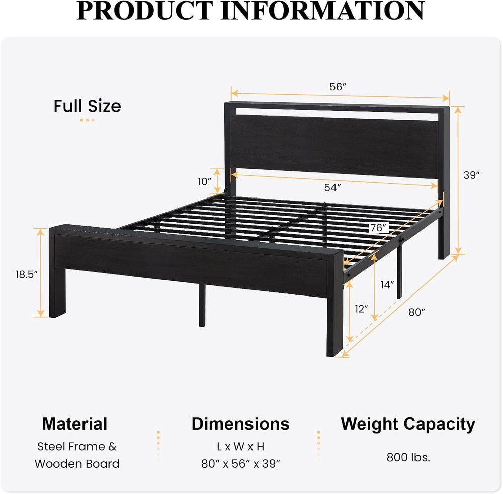 SHA CERLIN Full Size Bed Frame, Wooden Headboard and Footboard, Black Oak