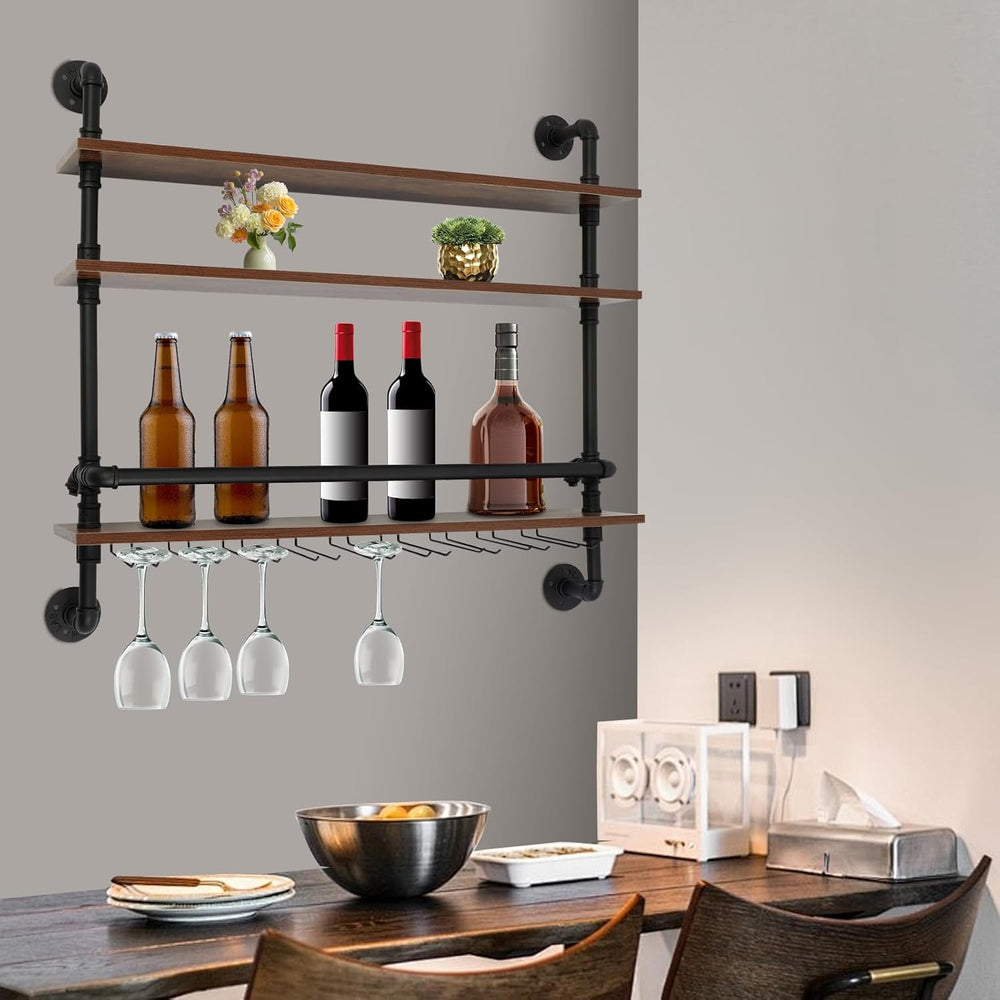 36in Rustic Metal Floating Bar Shelves Wall Mounted, 3-Tier Industrial Pipe S...