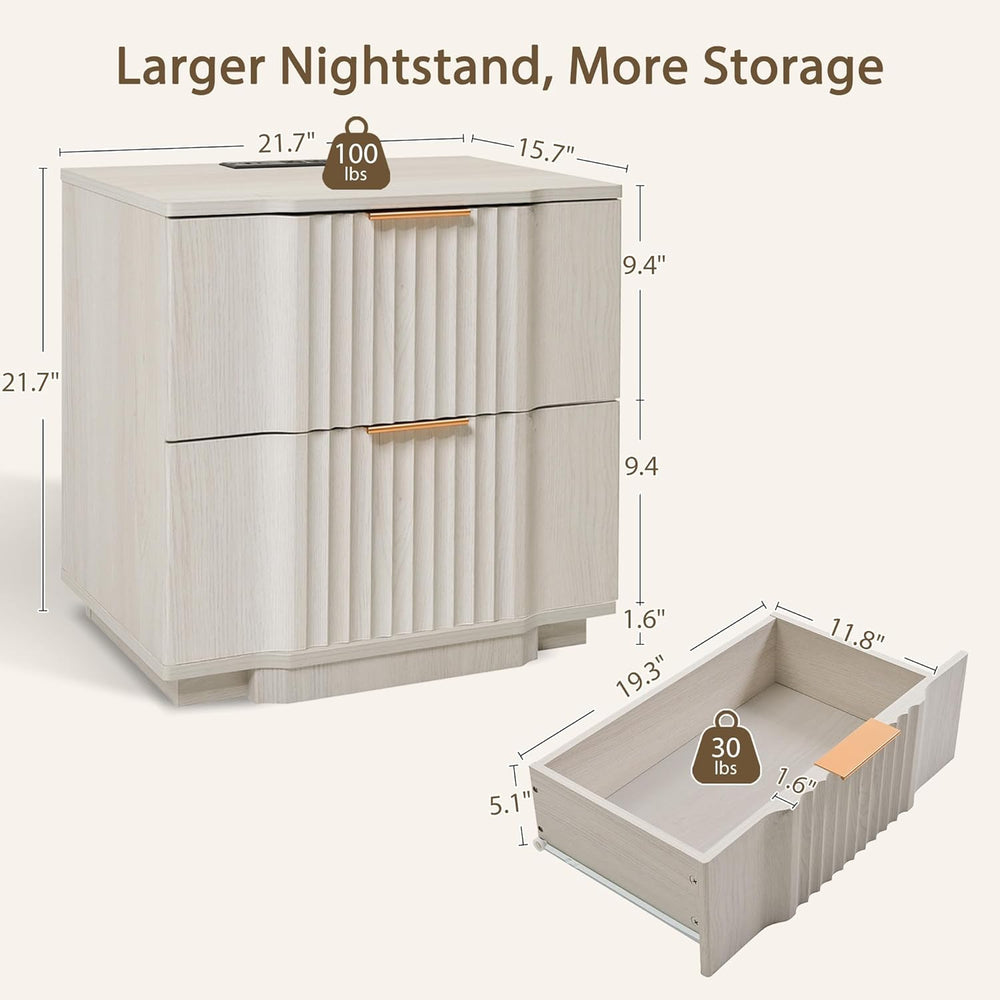 Yechen Fluted Nightstand Set of 2 with Ultra-Fast Charging Station, White | L...