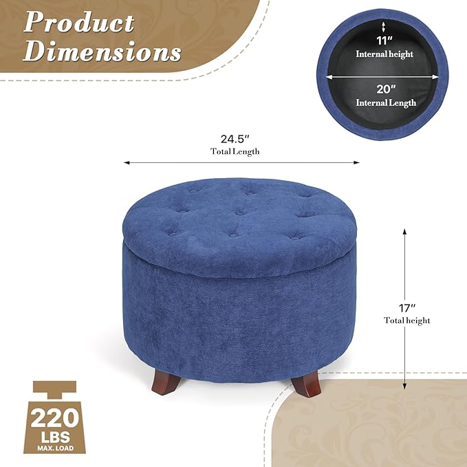Athena Collection 24.5 Inch Small Ottoman with Storage, Round Linen Fabric Storage Ottoman Foot Rest with Removable Lid, Multipurpose Footstool Footrest for Livingroom, Bedroom, Dorm, Blue