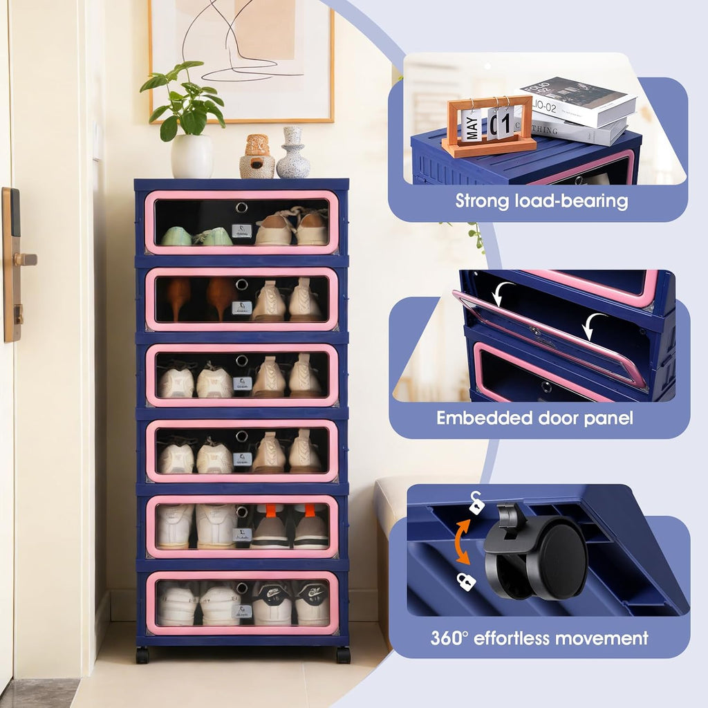SAYMA Foldable Shoe Rack Organizer, Collapsible Shoe Cabinet with Magnetic Clear Door, Large Plastic Folding Shoe Cabinet, Easy Assembly Shoe Shelves Organizer for Entryway, 6 Tiers-12Pairs