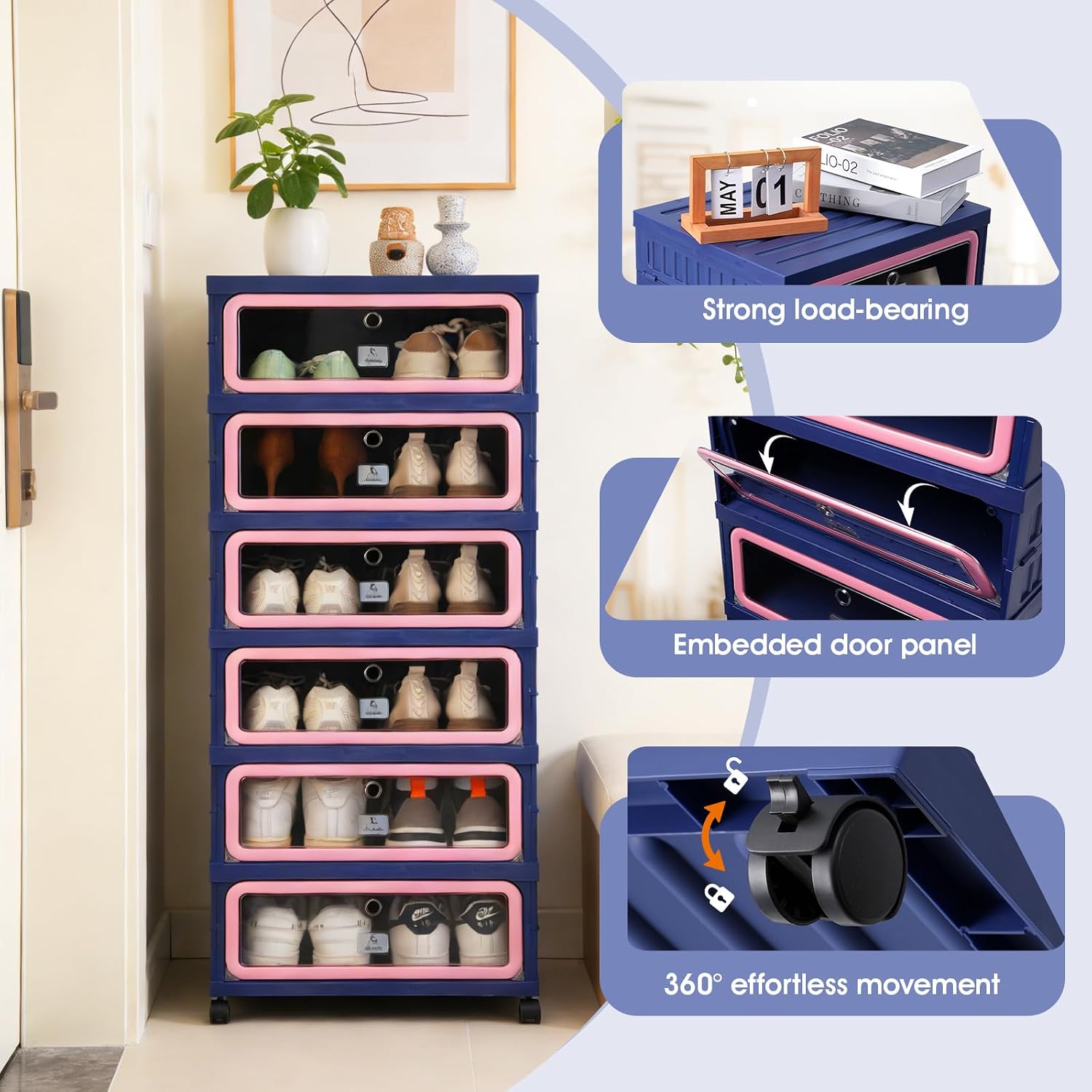 SAYMA Foldable Shoe Rack Organizer, Collapsible Shoe Cabinet with Magnetic Clear Door, Large Plastic Folding Shoe Cabinet, Easy Assembly Shoe Shelves Organizer for Entryway, 6 Tiers-12Pairs