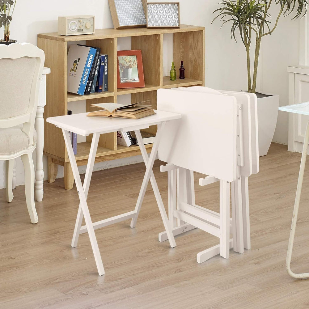 HomeStock Antique 5-Piece Solid Wood Folding Tray Table Set with Storage Stan...