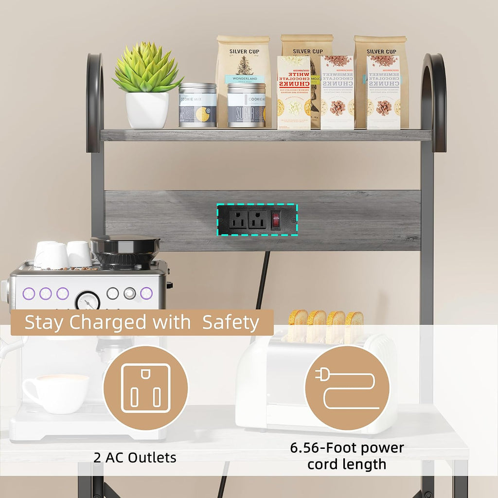 35.4 inch Kitchen Bakers Rack with Power Outlet, Coffee Bar Table & Microwave Oven Stand, Storage Shelf Rack with Wire Basket & 6 S-shaped Hooks for Spices, Pots and Pans - Grey