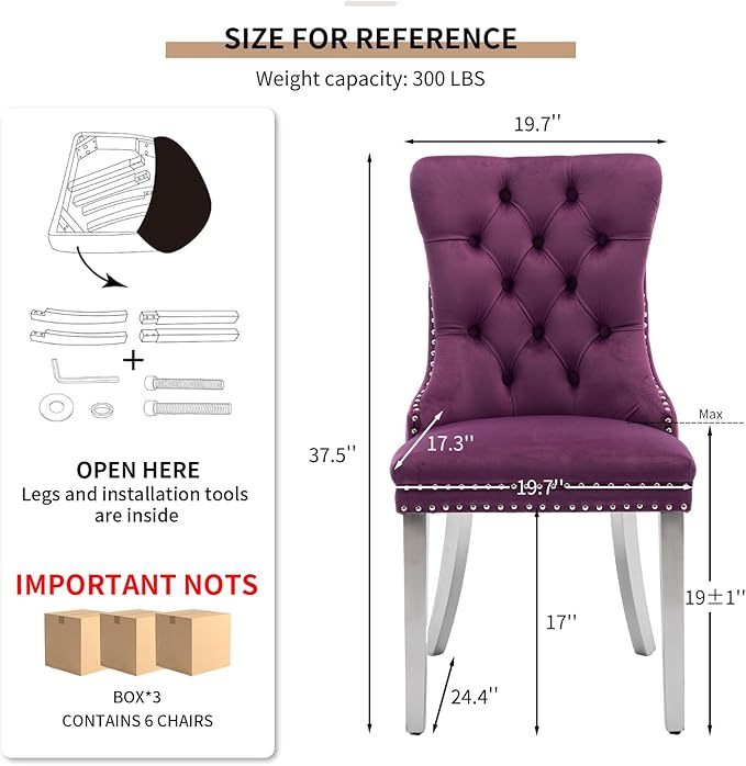 Mid Century Modern Dining Chairs Set of 6, Purple Velvet Upholstered Tufted Back, Kitchen & Dining Room Chairs, Brushed Silver Metal Legs, Nailhead Trim, Sillas para Comedor (Purple, 6 Pcs)