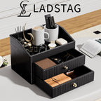 Office Supplies,Black Vegan Leather Office Organization with 2 Drawers & Tray,Glasses Holder with Gold-Tone Metal Accents Knob for End Tables,Bedside Table,Bedroom