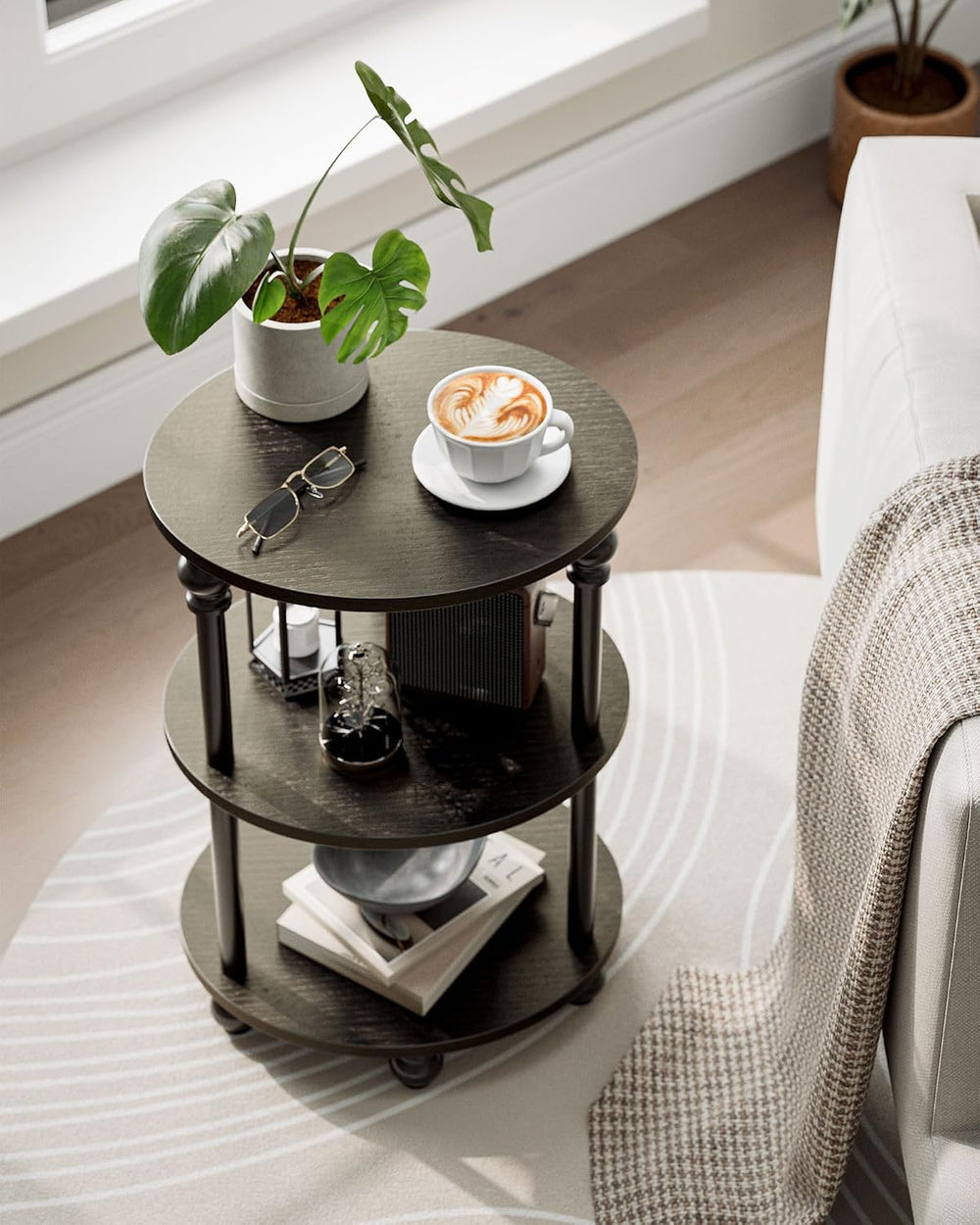 Small Round Side Table - 3 Tier Accent End Table for Narrow Spaces, Sturdy Me...