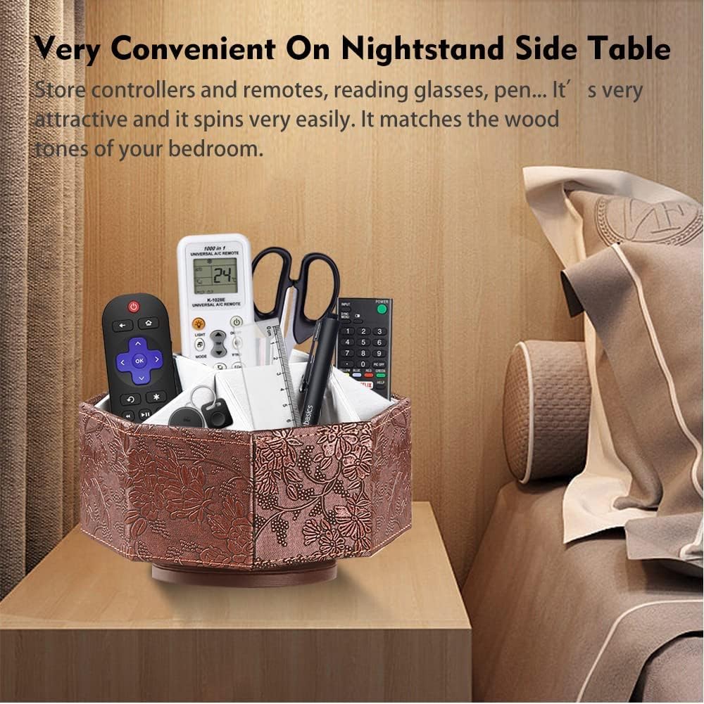 PU Leather Remote Control Holder,360 Degree Spinning TV Remote Caddy,9 Grids Desk Organizers and Accessories for Storage Controller,Calculator,Mail,Media,Pen,Phone etc (Antique)