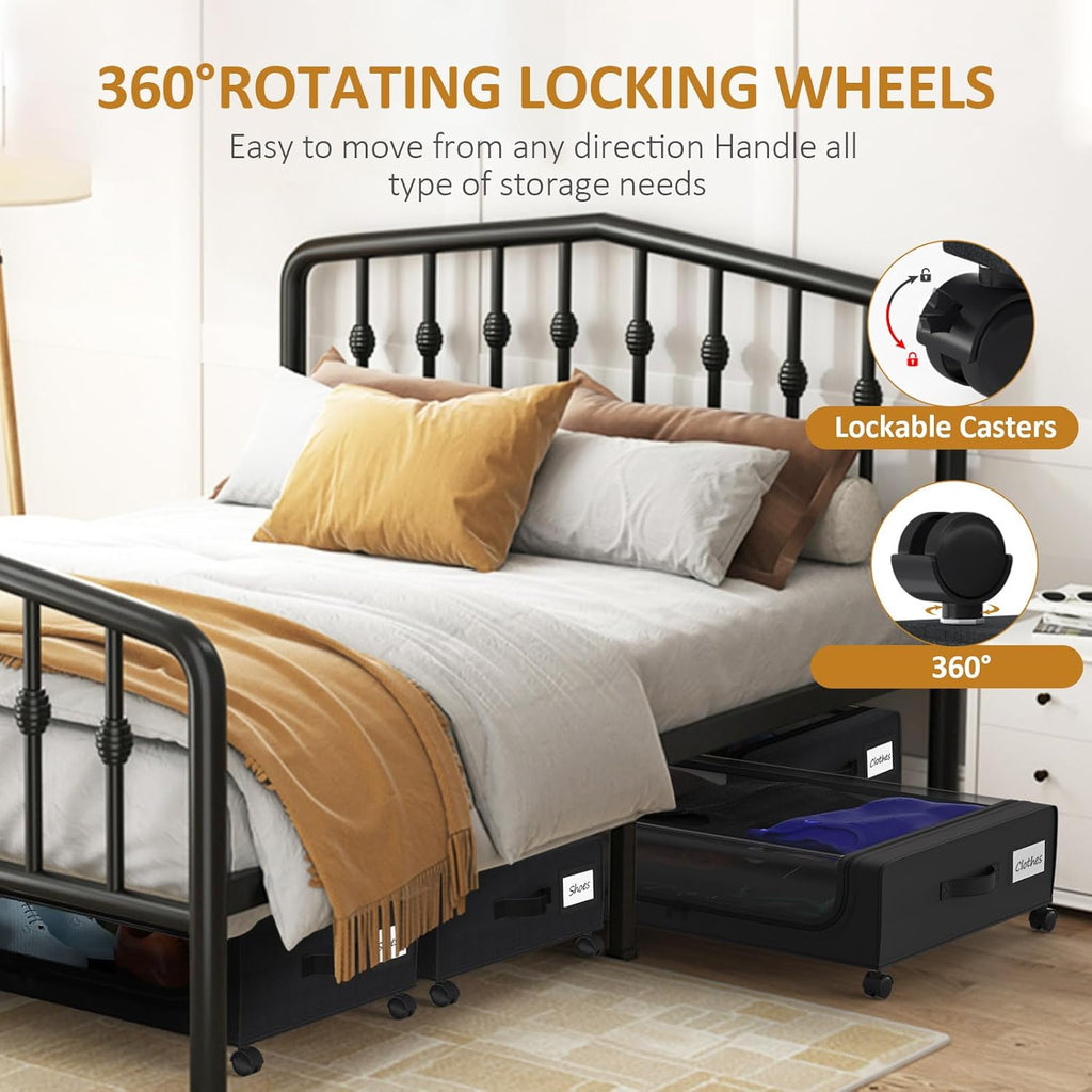 Large Under Bed Storage with Wheels, Under Bed Storage Containers, Under Bed Shoe Storage Organizer, Rolling Underbed Storage Containers for Bedroom Clothes Shoes Blankets, 2 Pack, Black