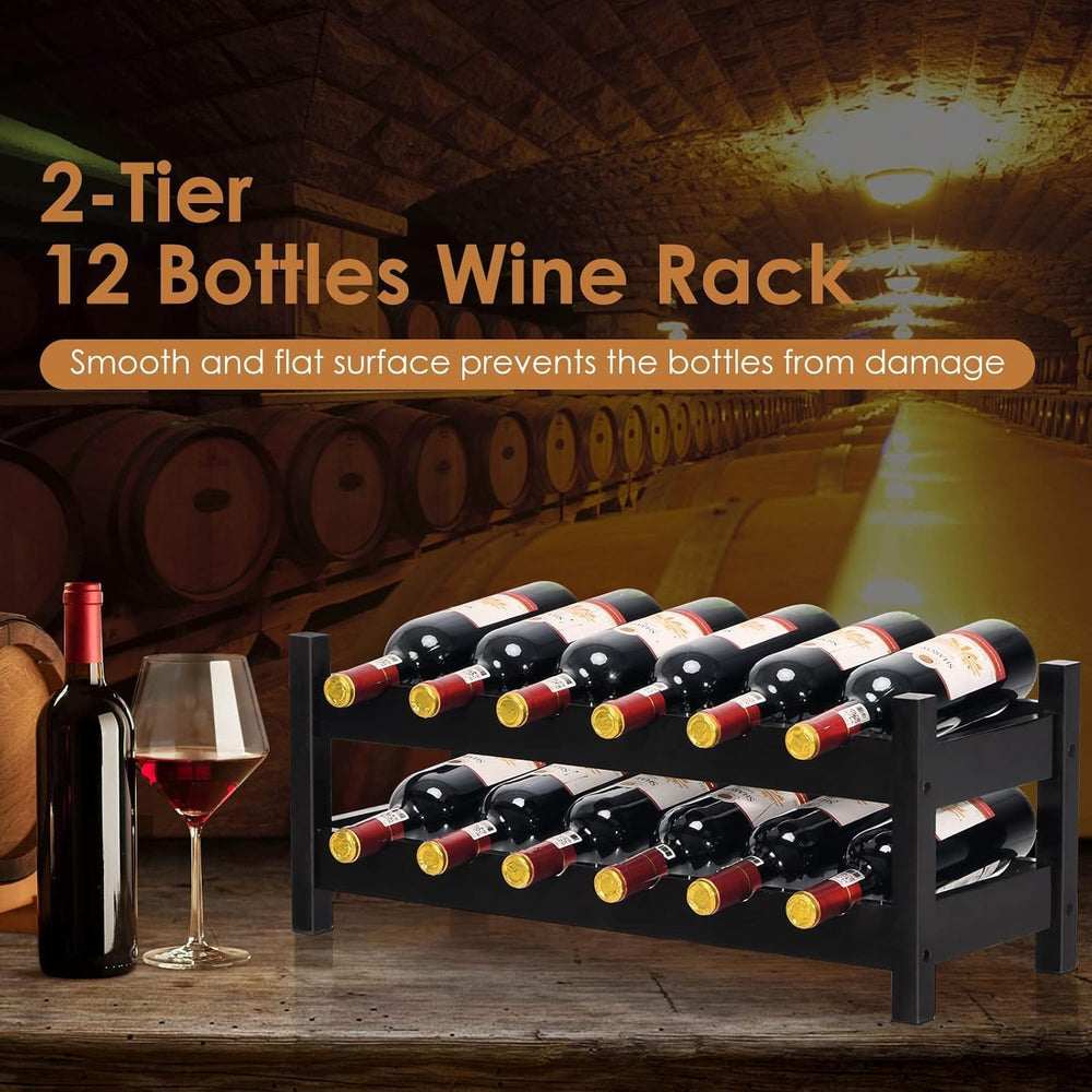 COSTWAY 12 Bottles Wine Rack Countertop, Bamboo Wine Holder, Brown | 2-Tier F...