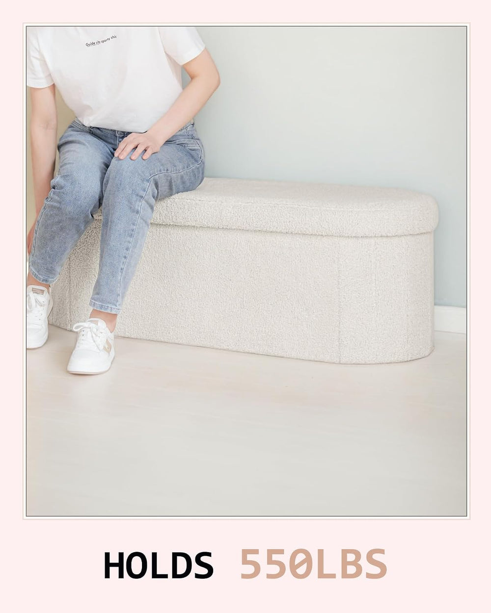 43.3 Inches Foldable Storage Ottoman Bench, Oval Footrest | Teddy Boucle Fabr...