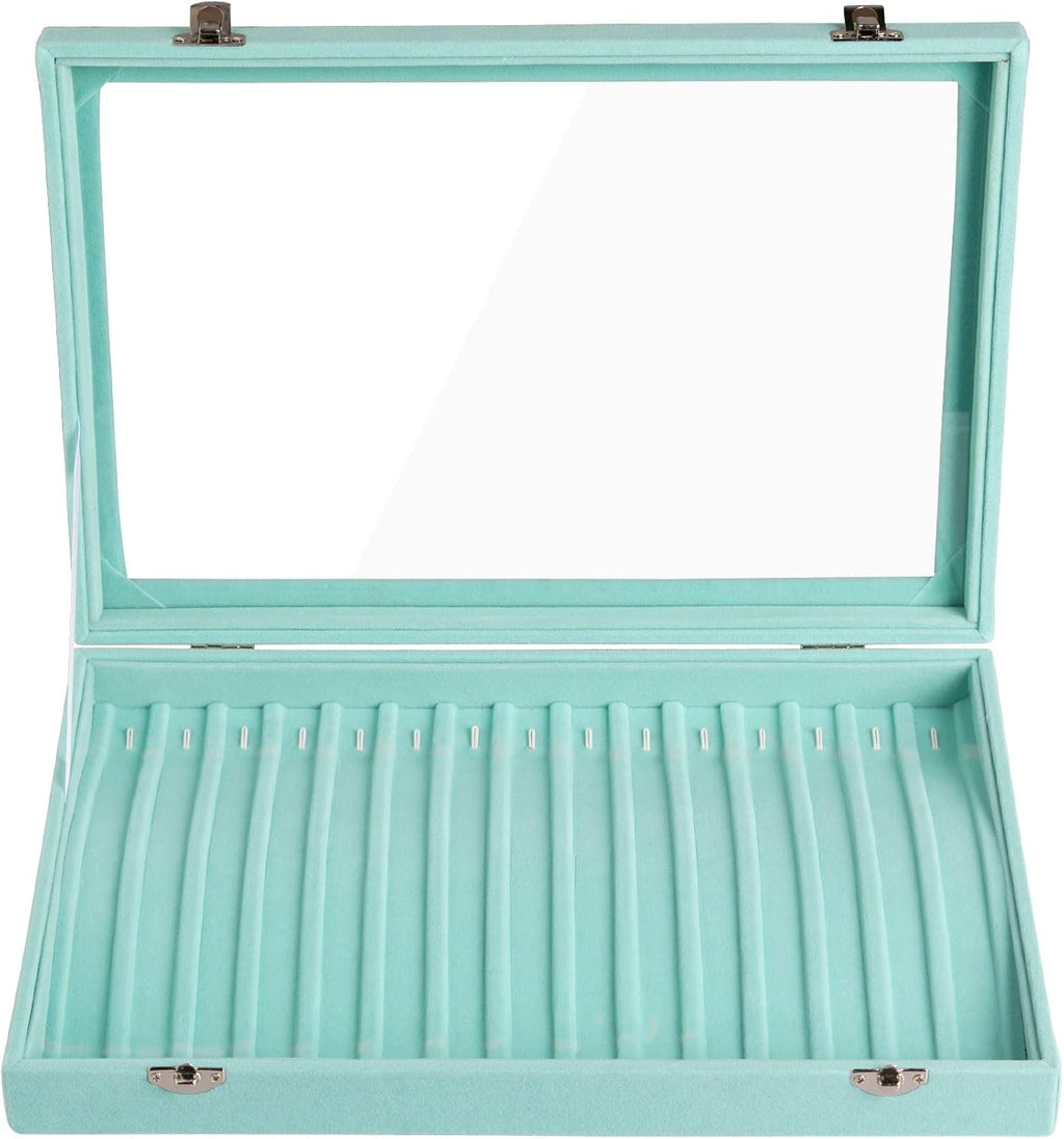 Frebeauty 15 Hooks Necklace Tray Velvet Neckalce Organizer with Clear Lid Lockable Necklace Holder Box Jewelry Organizer for Pendants Chains Necklace Jeweley Tray for Women Girls(Turquoise)