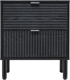Sango Merk 2-Drawer Nightstand, Modern Black Bedside Table with Cylindrical Wood Legs, Vertical & Horizontal Groove Patterns, Discreet Metal Finger Pulls, Smart Storage for Living Room or Office Room