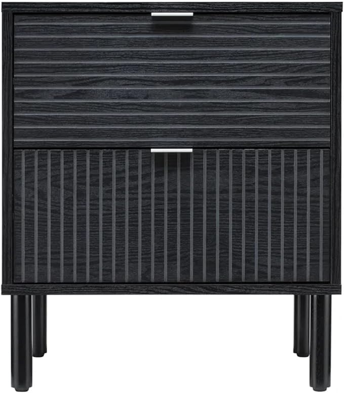 Sango Merk 2-Drawer Nightstand, Modern Black Bedside Table with Cylindrical Wood Legs, Vertical & Horizontal Groove Patterns, Discreet Metal Finger Pulls, Smart Storage for Living Room or Office Room