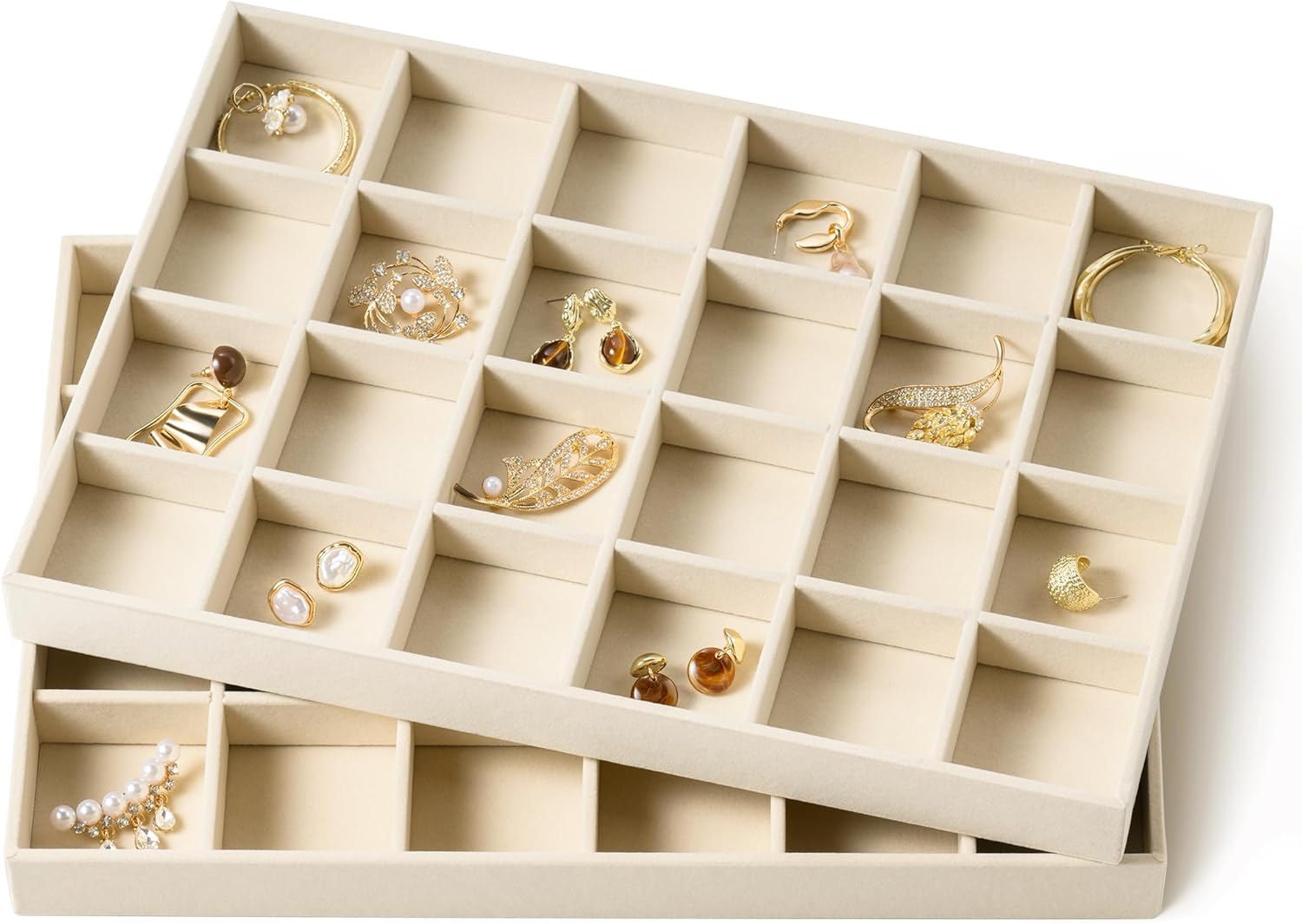 pickpiff Drawer Jewelry Organizer & Display Trays: 2pcs 24grid Velvet Stackable Jewelry Case (13.8x9.4x1.2inch) - Soft Beige Ring Storage Bracelet Holder Earring Box