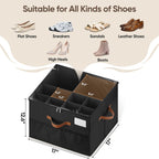 Shoe Organizer for Closet, 1 Pack Shoe Storage Container with Adjustable Dividers, Space Saving Shoe Box Storage Organizer Bin with Clear Lid and 4 Handles, Fits 8-16 Pairs, Pure Black