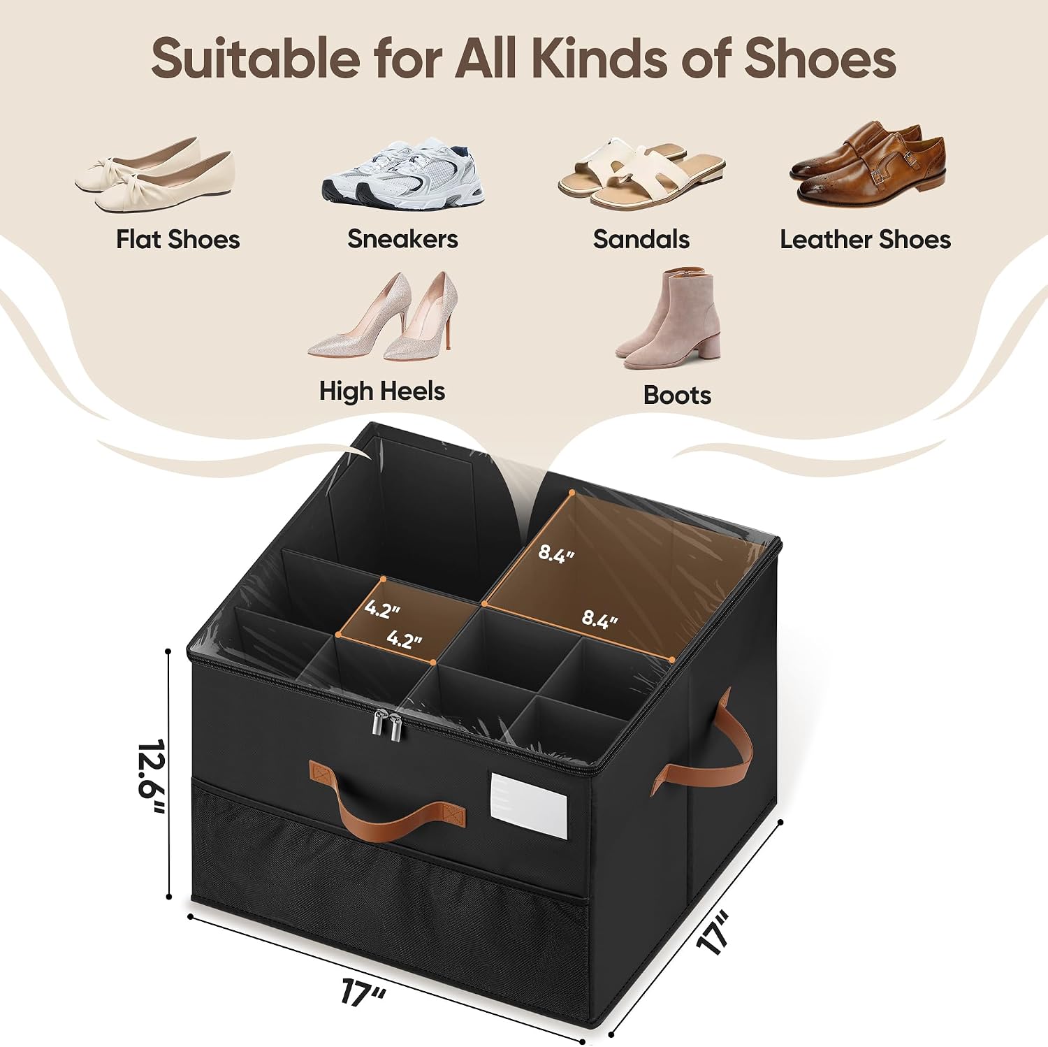 Shoe Organizer for Closet, 1 Pack Shoe Storage Container with Adjustable Dividers, Space Saving Shoe Box Storage Organizer Bin with Clear Lid and 4 Handles, Fits 8-16 Pairs, Pure Black