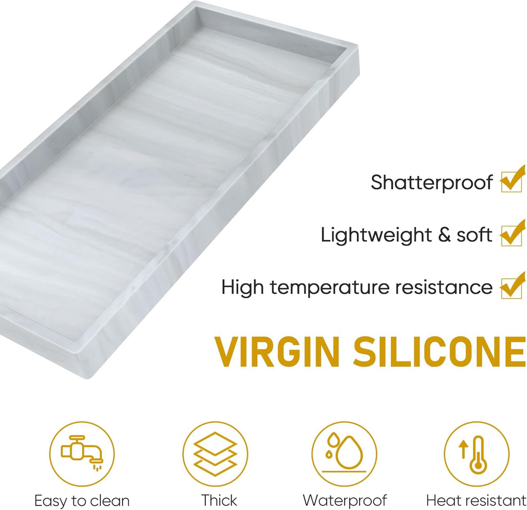 Silicone Bathroom Tray,Shatterproof Bathroom Vanity Tray,High-Grade Silicone Durable Rectangle Tray for Bathroom Trays for Counter Soap Dispenser Tray-Large 10.6 * 5.1 in