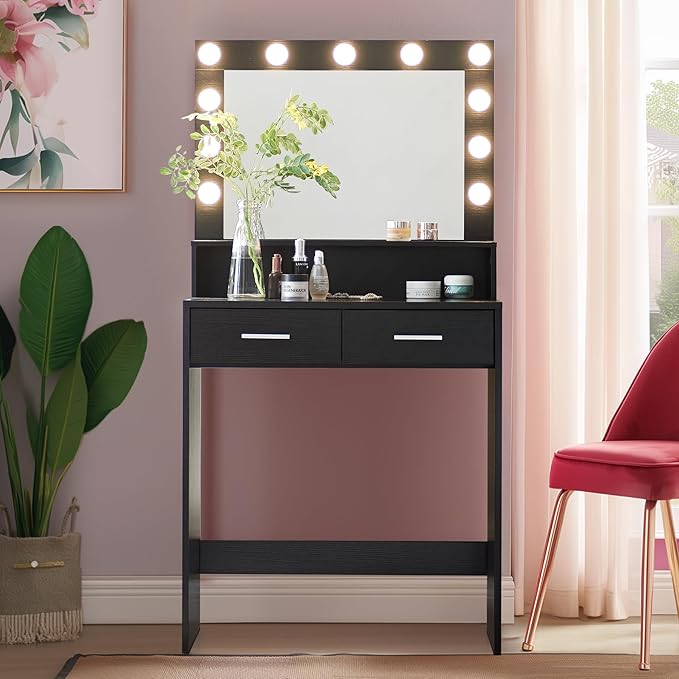 Vanity Desk with Mirror and Lights, Dressing Table with Large Drawer, 2 Level Storage Dresser & 3 Lighting Modes Adjustable Brightness, Suitable for Bedroom