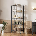 SINGAYE 5 Shelves Storage Shelf Wire Closet Bathroom Organizers Metal Pantry Kitchen Garage Shelving Unit Laundry Room Organization Home Rack Net Basket Black with Wheels