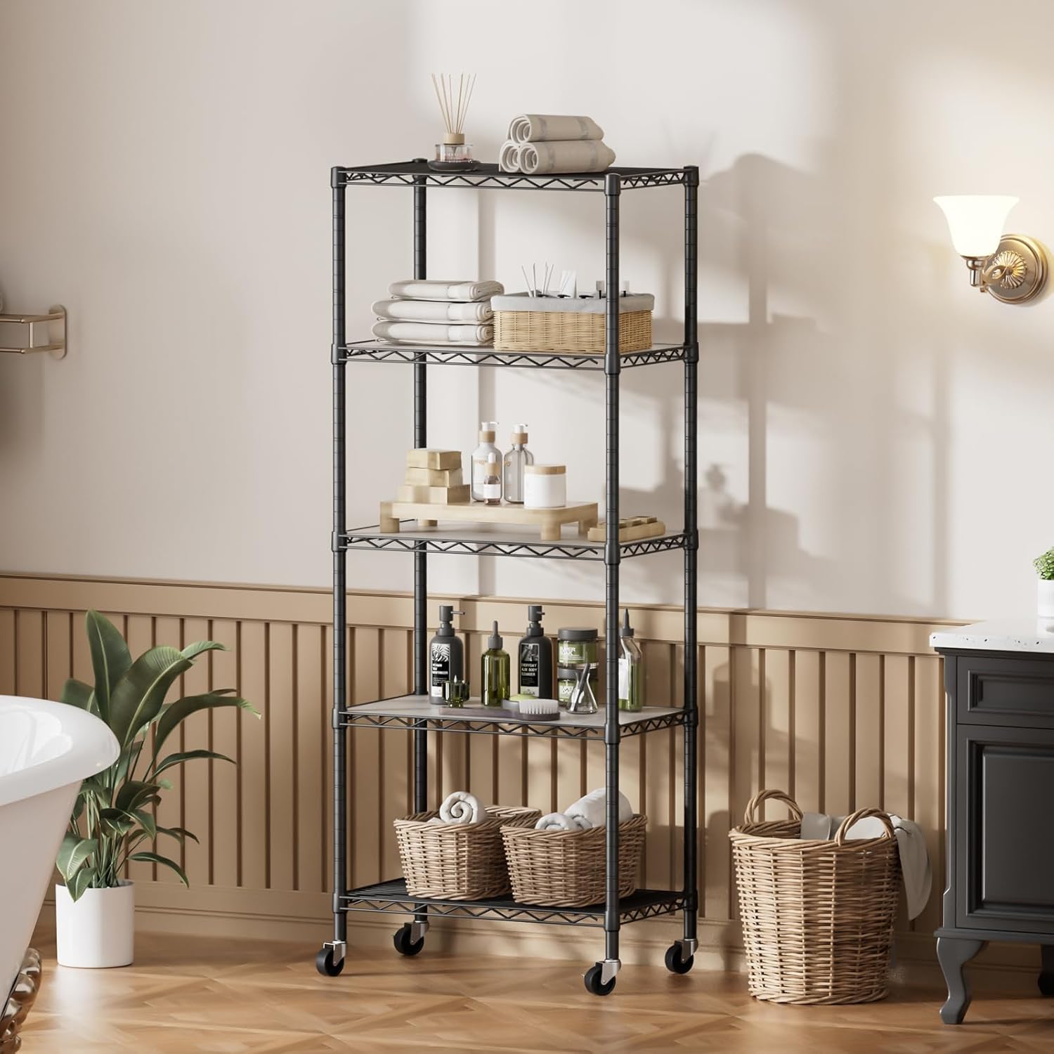 SINGAYE 5 Shelves Storage Shelf Wire Closet Bathroom Organizers Metal Pantry Kitchen Garage Shelving Unit Laundry Room Organization Home Rack Net Basket Black with Wheels