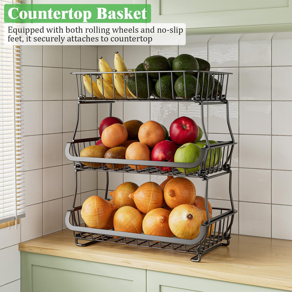 3 Tire Rolling Pantry Organizers and Storage Cart on Wheels | Metal Frame, Under Pantry Cabinet, Drip Tray, Storage for Snack, Potato, Onion, Produce, Can, Drink, Fruit and Vegetable