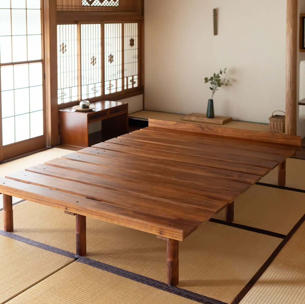 EMOOR Wood Slatted Floor Bed Frame OSMOS Full for Japanese Futon Mattress Solid Pine (Retro-Brown), Height Adjustable (2/7/12in) Tatami Mat