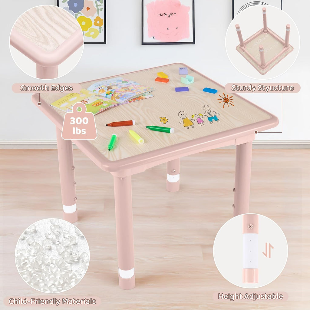 DOREROOM Kids Table & 2 Chairs, Height Adjustable (17.7"-26.1"), Pink-W | Graffiti Desktop,Table Supports 300 lbs,Toddler Ages 3-8，Children Multi-Activity Table Set for Playroom, Daycare, Classroom