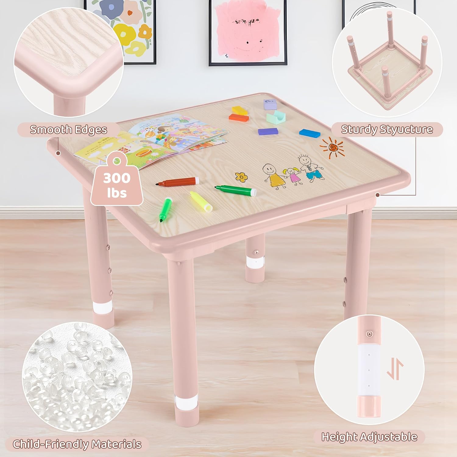 DOREROOM Kids Table & 2 Chairs, Height Adjustable (17.7"-26.1"), Pink-W | Graffiti Desktop,Table Supports 300 lbs,Toddler Ages 3-8，Children Multi-Activity Table Set for Playroom, Daycare, Classroom