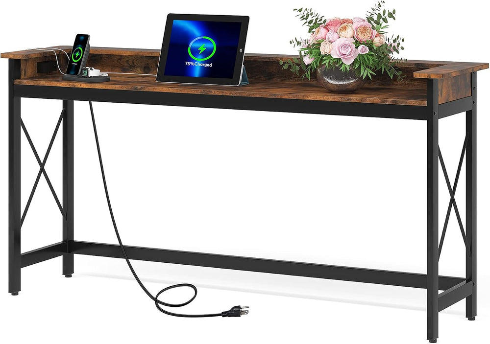 LITTLE TREE 70.9 inch Long Sofa Console Table with Outlets Charging Station N...