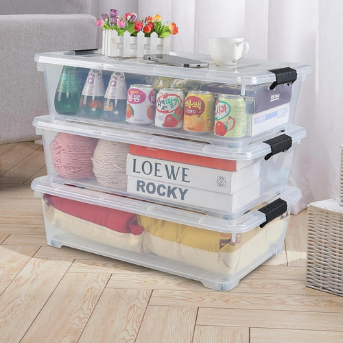 25 L Under Bed Storage Containers Plastic, 3 Packs Latch Storage Box with Wheels