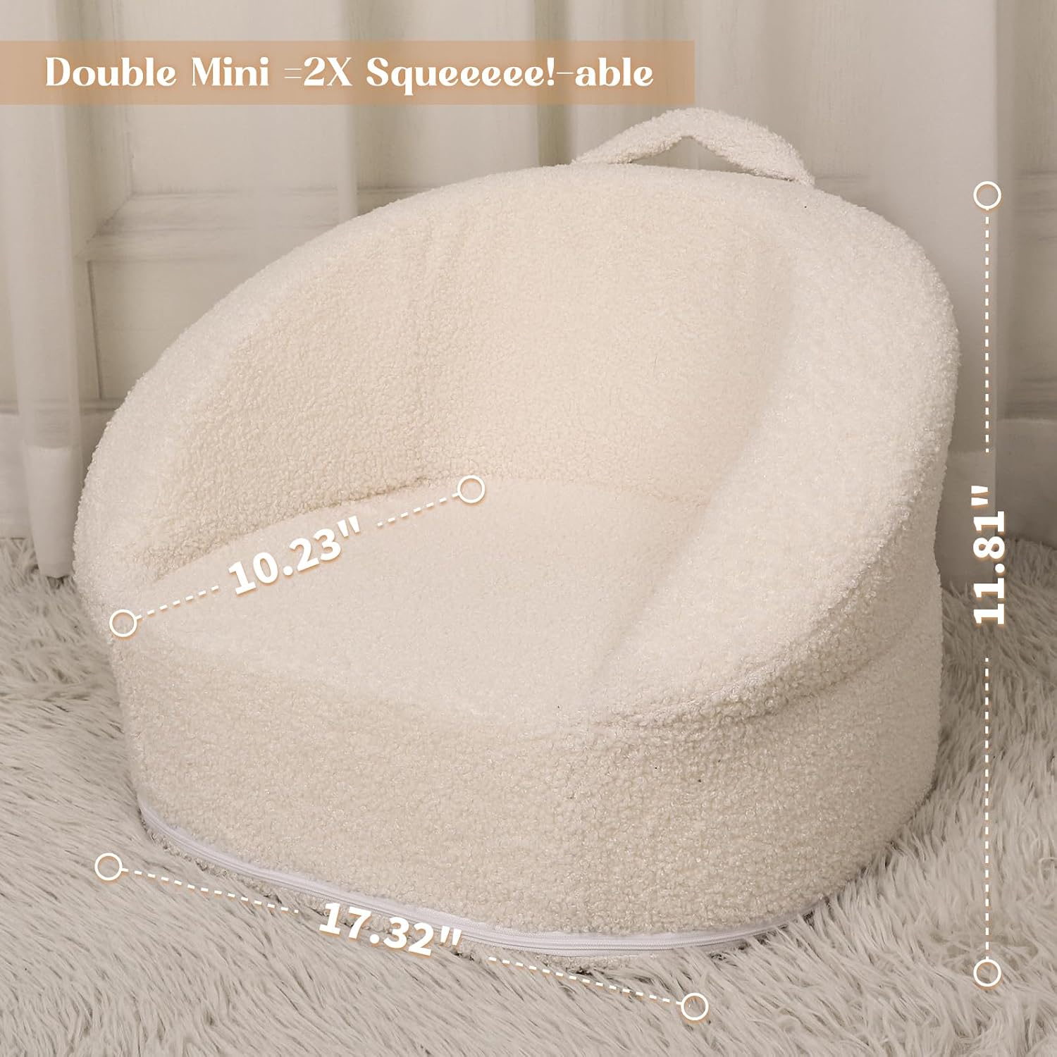 Mini Toddler Chair Comfy - 17.3'' Compact Kids Couch with Carry Handle, Soft Teddy Plush Toddle Chair, Washable Cover & Sturdy Design for Nursery & Playroom - White