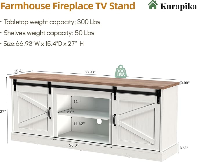 Kurapika Farmhouse TV Stand and Entertainment Center for TV Up to 75 Inch, with Sliding Barn Doors and Adjustable Shelf, Console Table and Media Furniture with Storage Cabinet, 67 Inch, White