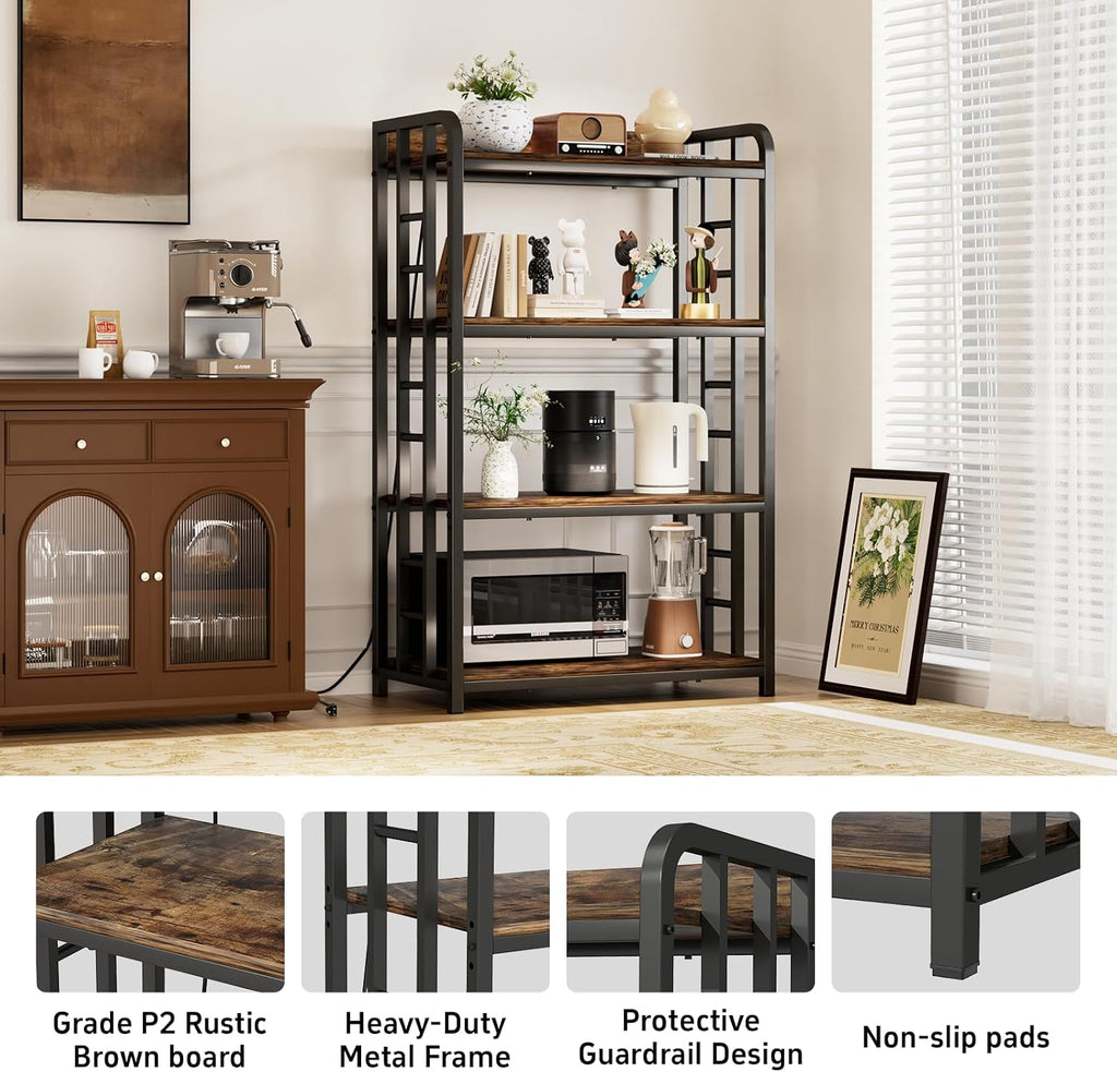 4 Tier Bakers Rack for Kitchens, Adjustable Microwave Stand with Storage, Metal Storage Shelves for Dinning Room Coffee Bar, Rustic Brown