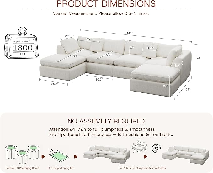 141'' Oversized Cloud Sectional Boneless Couch for Living Room, Modern Big Compressed U Shape Couch with 2 Ottoman 2 Throw Pillows, Comfy Chenille Deep Seat Memory Foam Spineless 6 Seater Sofa,Beige