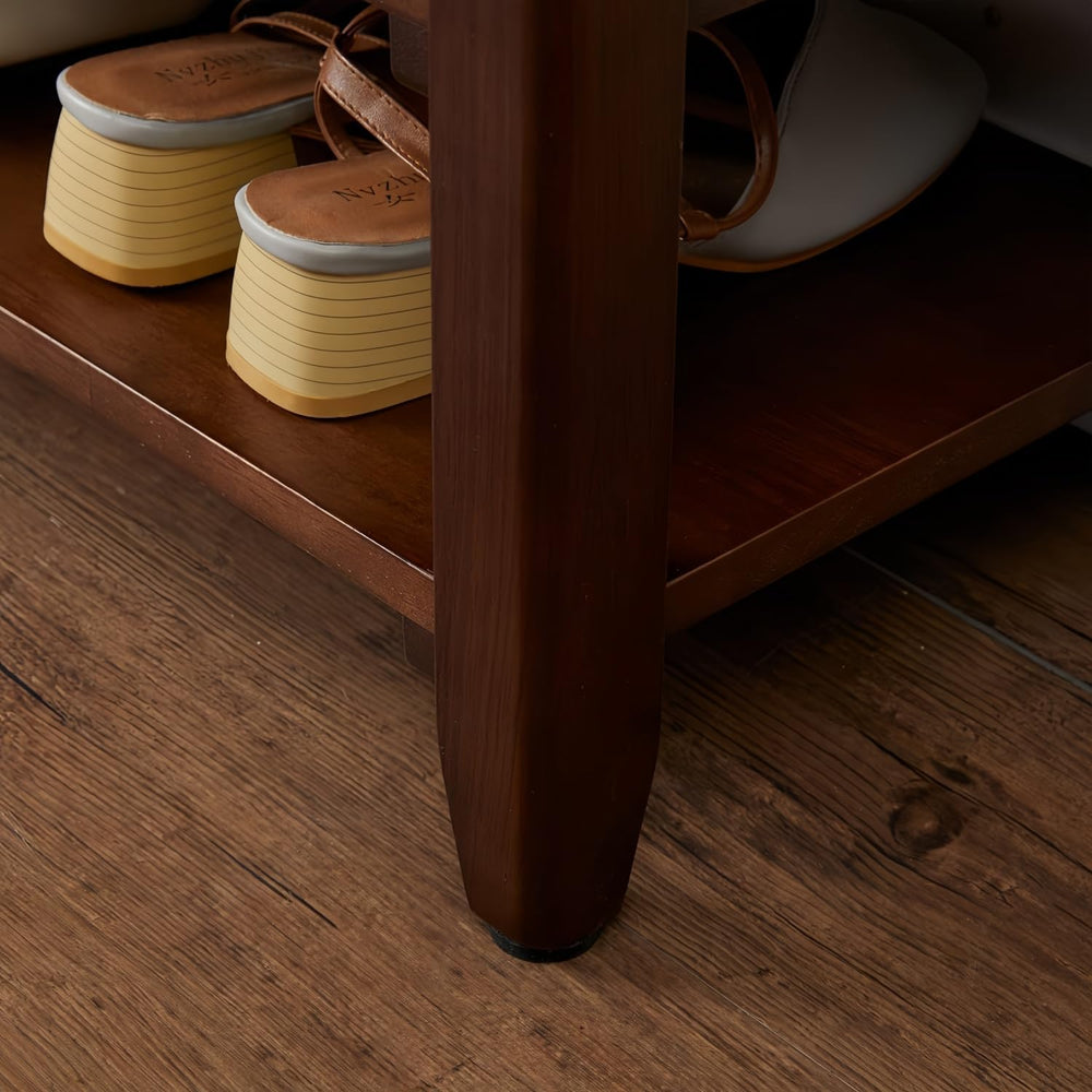 Shoe Bench Storage with Leather Cushion, Rustic Solid Wood Entryway Bench wit...