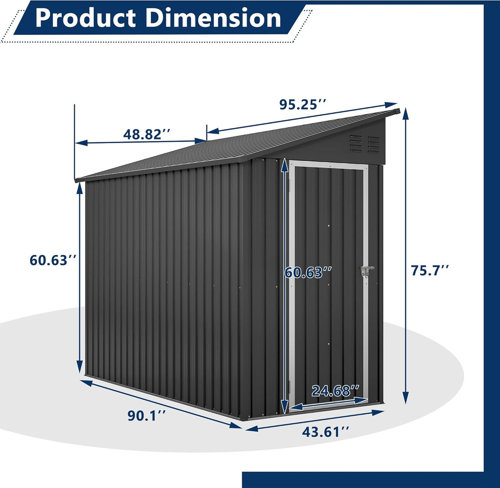 Outdoor Metal Storage Shed 4 x 8 ft, Garden Shed Lean to shed for Bike, Tool Outside Shed with Floor Base, Lock, Door for Backyard, Patio, Lawn, Black