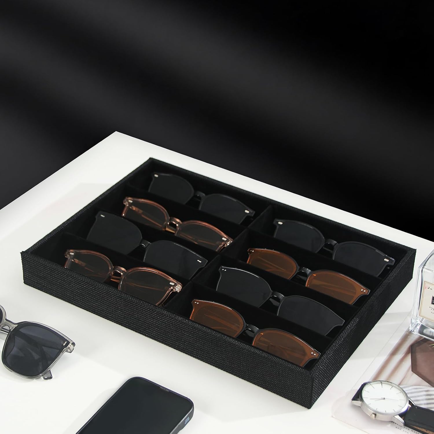 Julysky Sunglass Organizer Tray,8 Grids Watch Holder Display Jewelry Tray for Drawer, Jewelry Display Organizer Tray Box for Men （Black