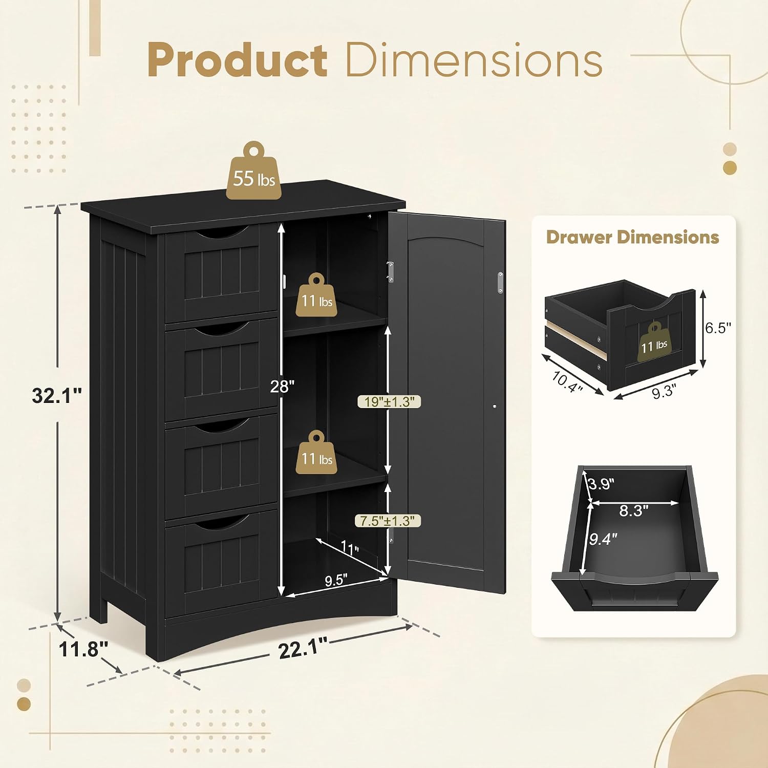 SUPER DEAL Bathroom Storage Cabinet with 4 Drawers and 1 Cupboard, Entryway Home Decor Furniture Towels Storage Organizer Unit, Black