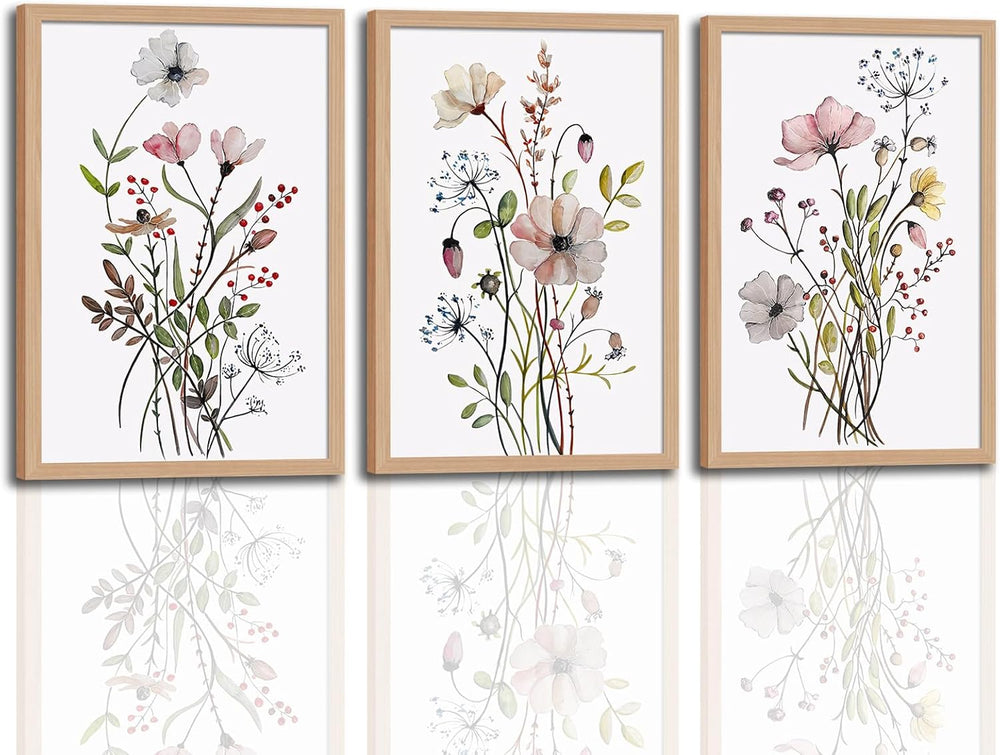 3Pcs Framed Botanical Wall Art Set of Watercolor Floral Canvas Prints Wildflo...