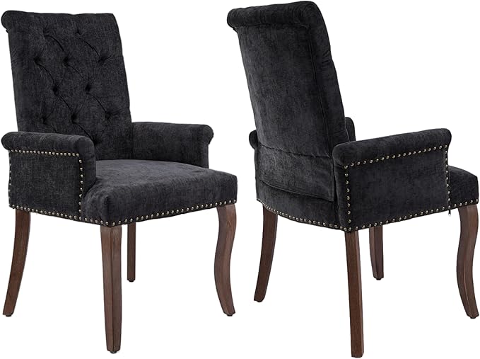 Upholstered Tufted Chenille Dining Chairs with Arms & Nailhead Trim – Solid Wood Frame & Legs, Modern Farmhouse for Dining, Kitchen & Living Room (Set of 2, Charcoal Gray)