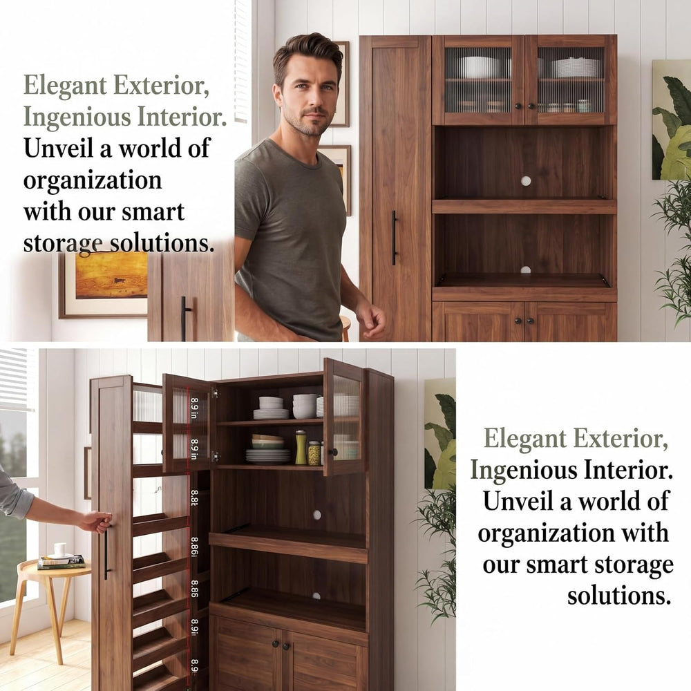 70.87" H Walnut Farmhouse Kitchen Pantry Cabinet, 4-Door Pull-Out Multi-...