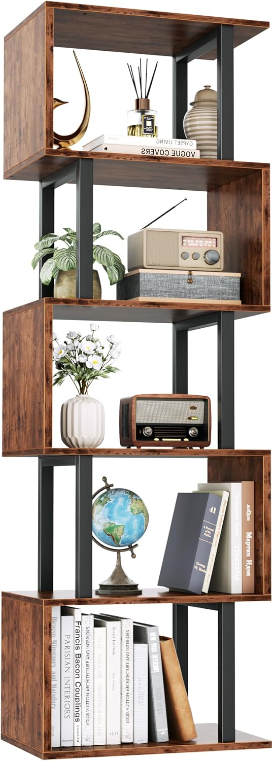 Furologee 6 Tier Bookshelf, S Shaped Geometric Bookcase, Rustic Brown