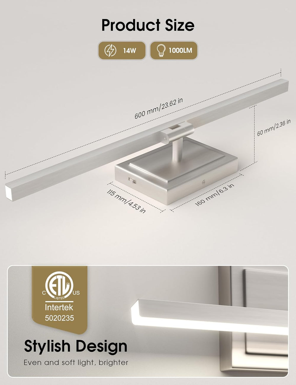 VOLISUN Modern Bathroom Vanity Light 24 inch, Rotatable, 14W Dimmable 5CCT Le...