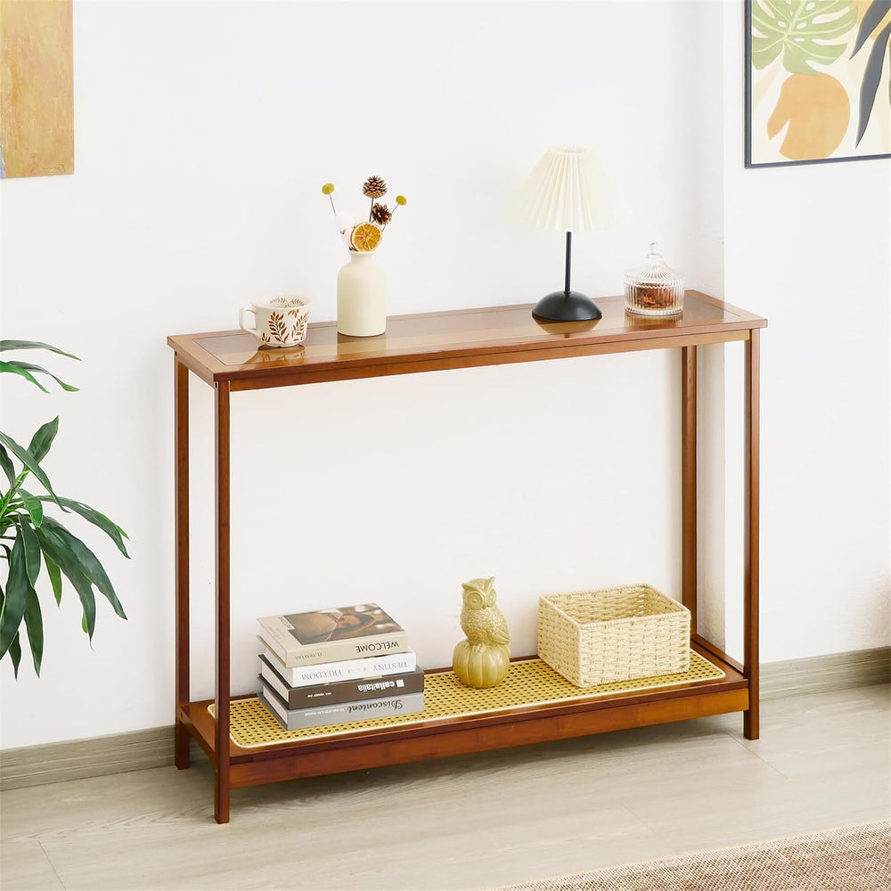 Bamboo Narrow Console Table, 39.4"(L) Wood Small Entryway Table with Rat...