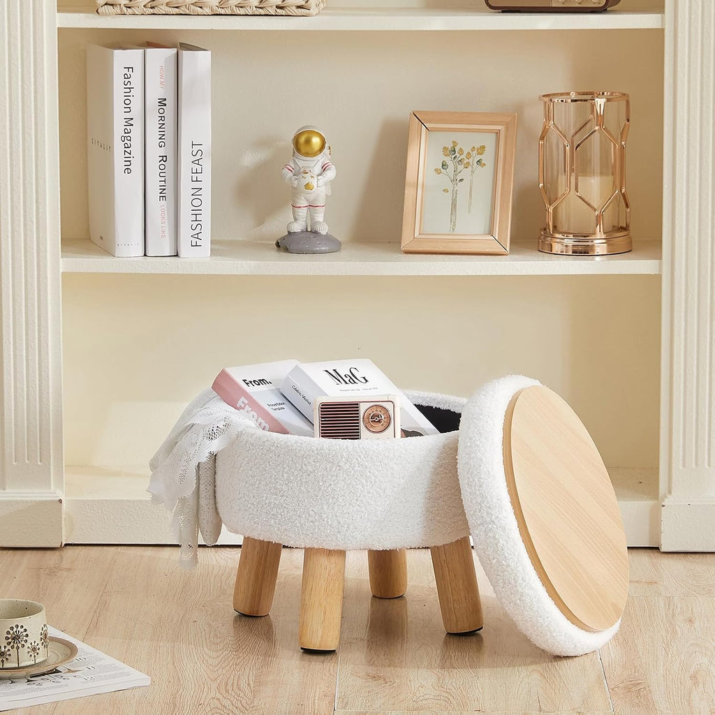 Small Ottoman with Storage, Small Storage Ottoman Round, Sherpa Foot Stool with Legs, Ottomans and Footstools for Living Room and Entryway (White)