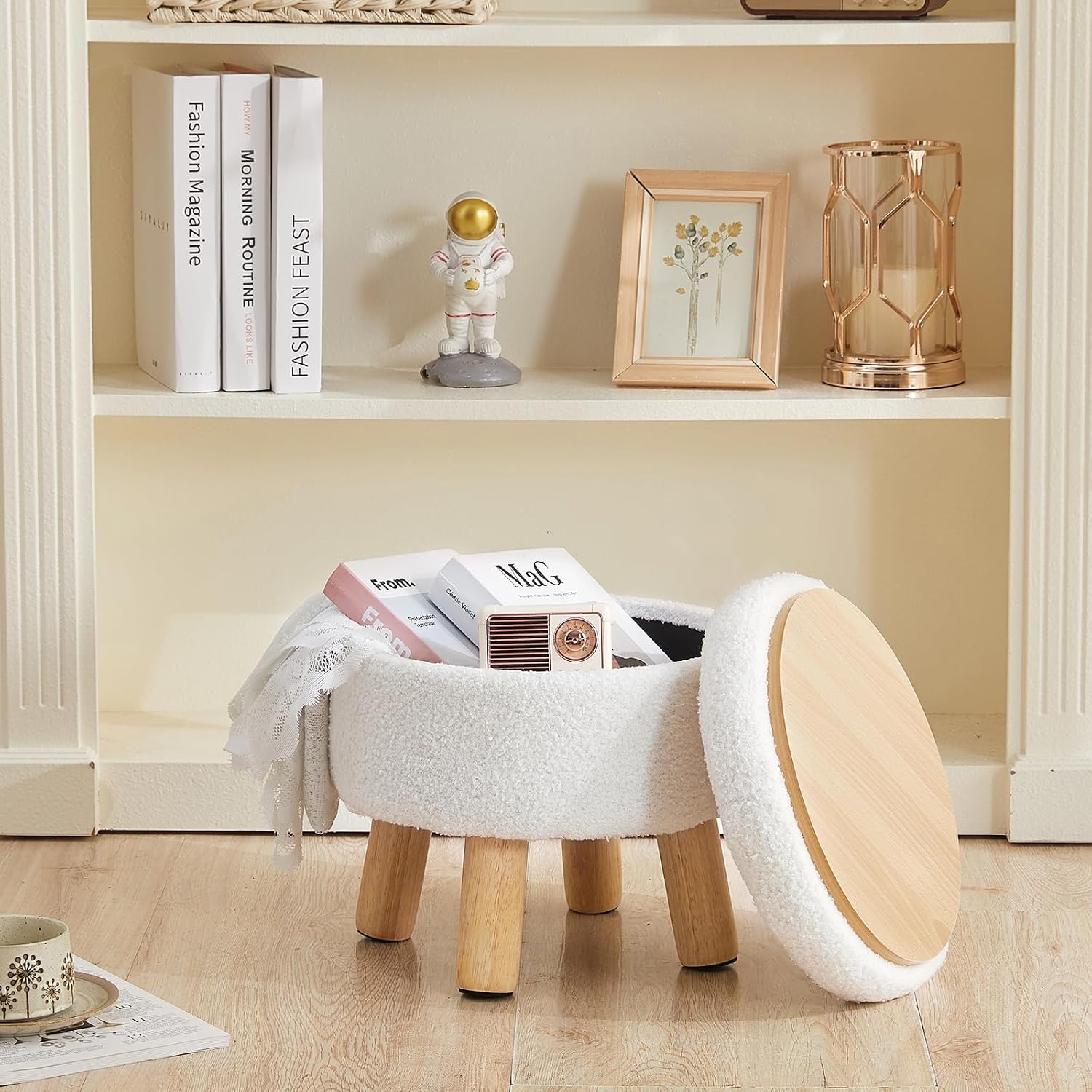 Small Ottoman with Storage, Small Storage Ottoman Round, Sherpa Foot Stool with Legs, Ottomans and Footstools for Living Room and Entryway (White)