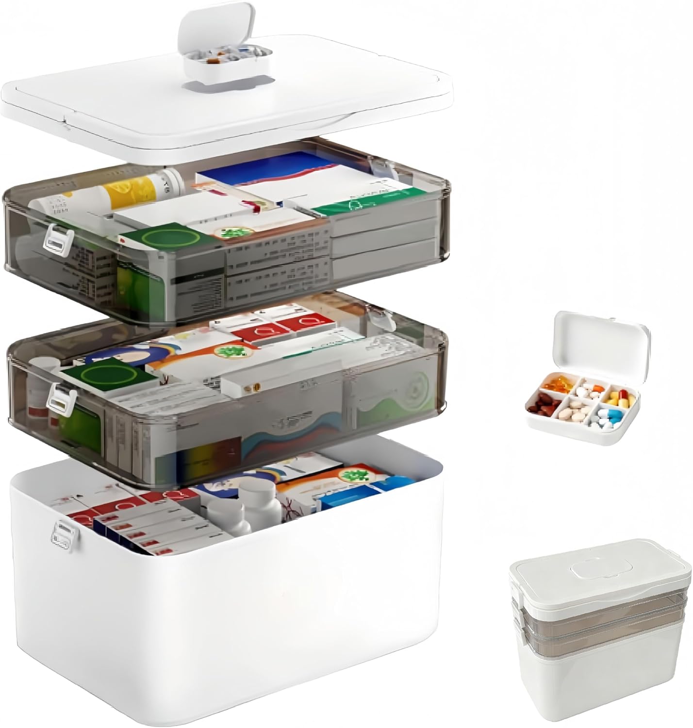 3-Tier Medicine Organizer with Detachable Pill Box, First Aid Kit with Handle, Portable Multipurpose Plastic Medical Box for Home, Travel, and Family Emergencies（White）