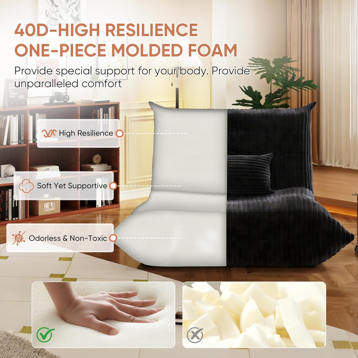 Bean Bag Chair with Pillow, Giant Flannal Memory Foam beanbags Lazy Sofa for Audlts Fireside Chair Armless Chair for Living Room Bedroom Dorm Office (Black, Single Sofa)