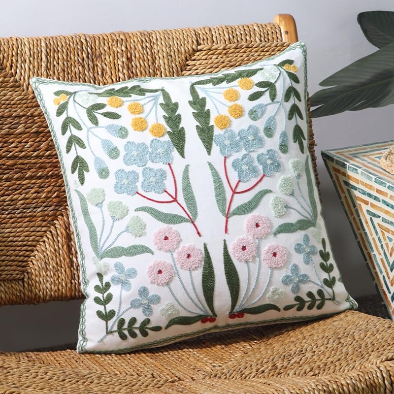 Pack of 2 Embroidered Decorative Throw Pillow Cover 18x18 Inch Farmhouse Flor...